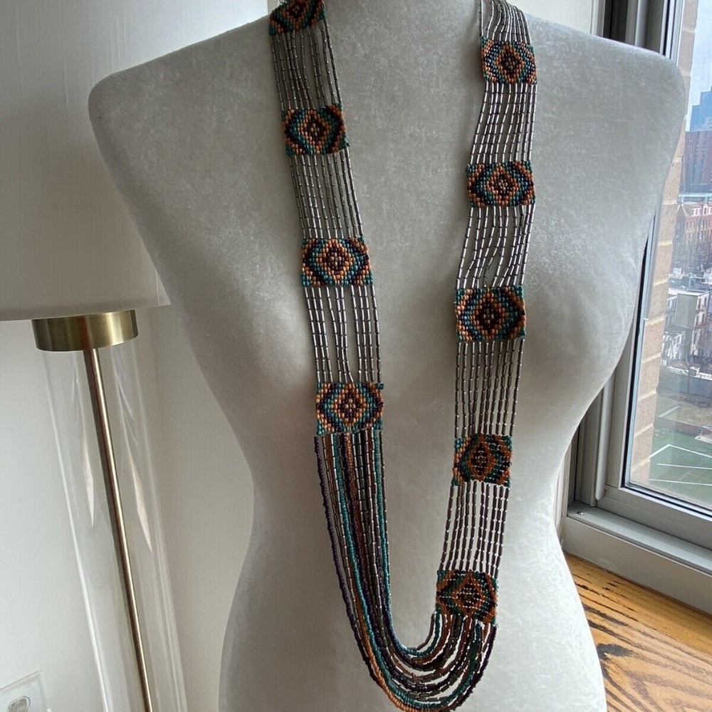 Bead Loom Necklace Seed Beads Boho Swag drape Chevron Silver Waterfall 2Chic